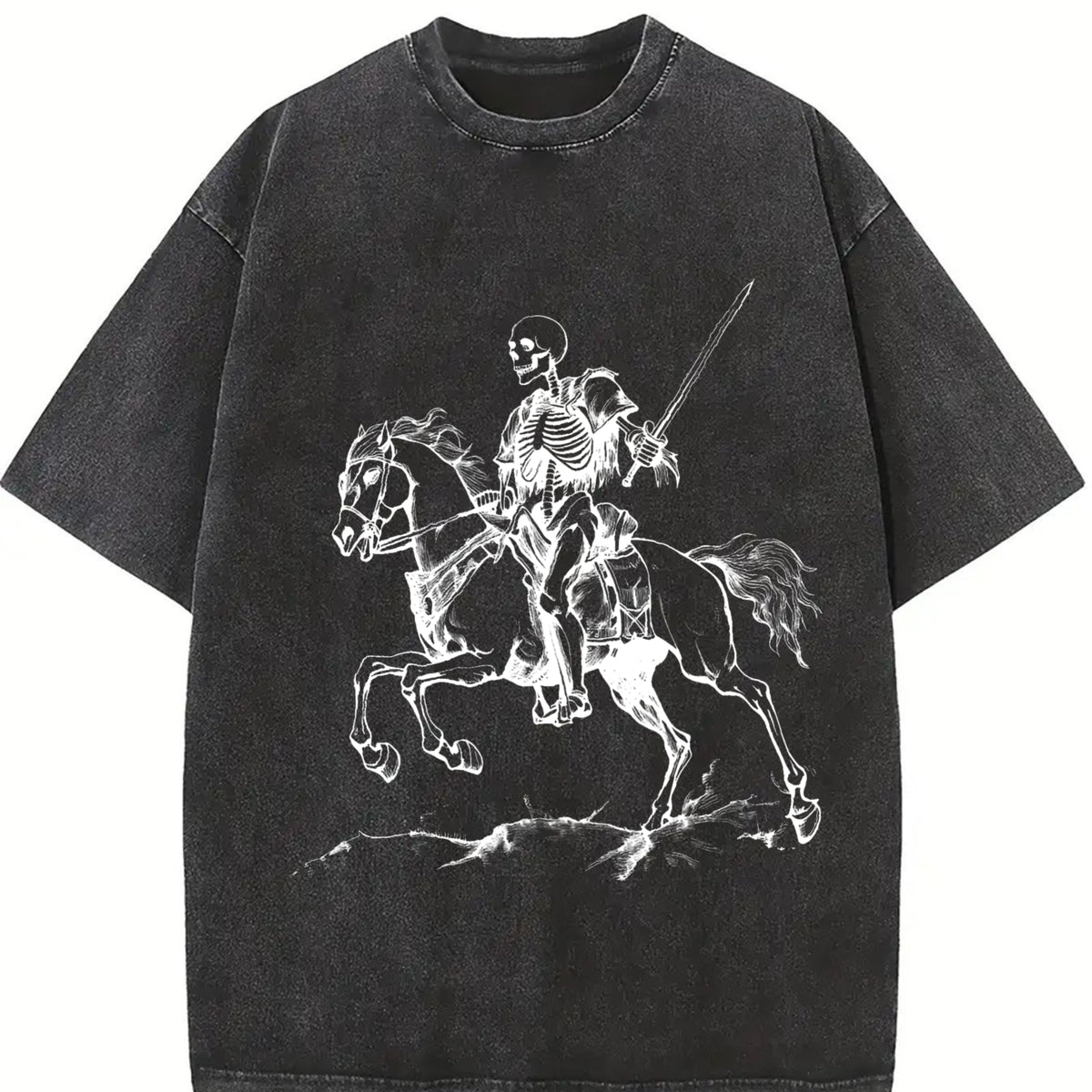 Retro Skeleton Riding Horse 90s Vintage Washed T-Shirt in Black