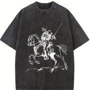 Retro Skeleton Riding Horse 90s Vintage Washed T-Shirt in Black