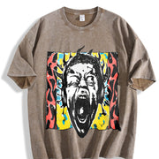 Premium Short-sleeve a Unique Punk Flame Screaming Face Vintage Washed T-Shirt in Brown