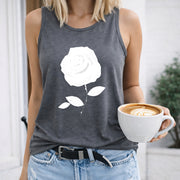 White Rose on Black Tank Crew-neck Sleeveless Vest Outdoor Women's Color Cotton Tank Top in Gray