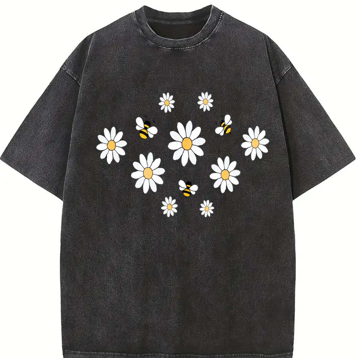 Daisy 90s Retro ® Y2k Botanical Bee Vintage Washed T-Shirt in Black