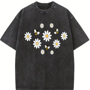 Daisy 90s Retro ® Y2k Botanical Bee Vintage Washed T-Shirt in Black