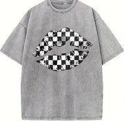 Black and White Checkered Lips Vintage Washed T-Shirt in Gray