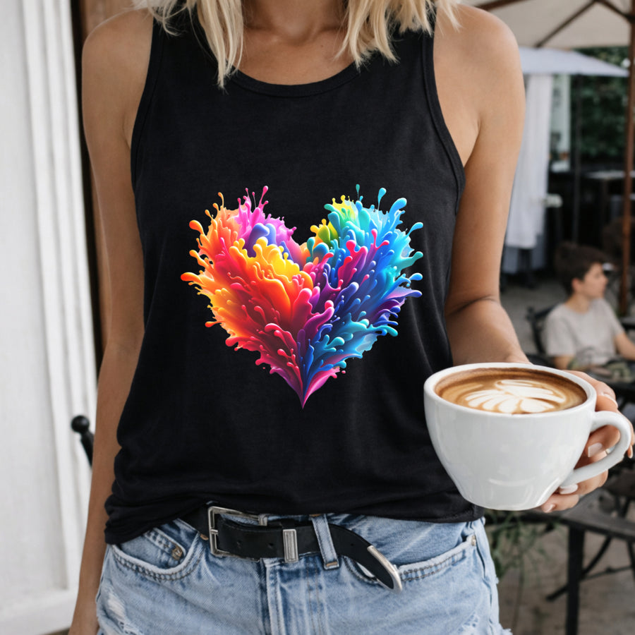 Romantic Rainbow Love Vest Women's Color Cotton Tank Top in Black