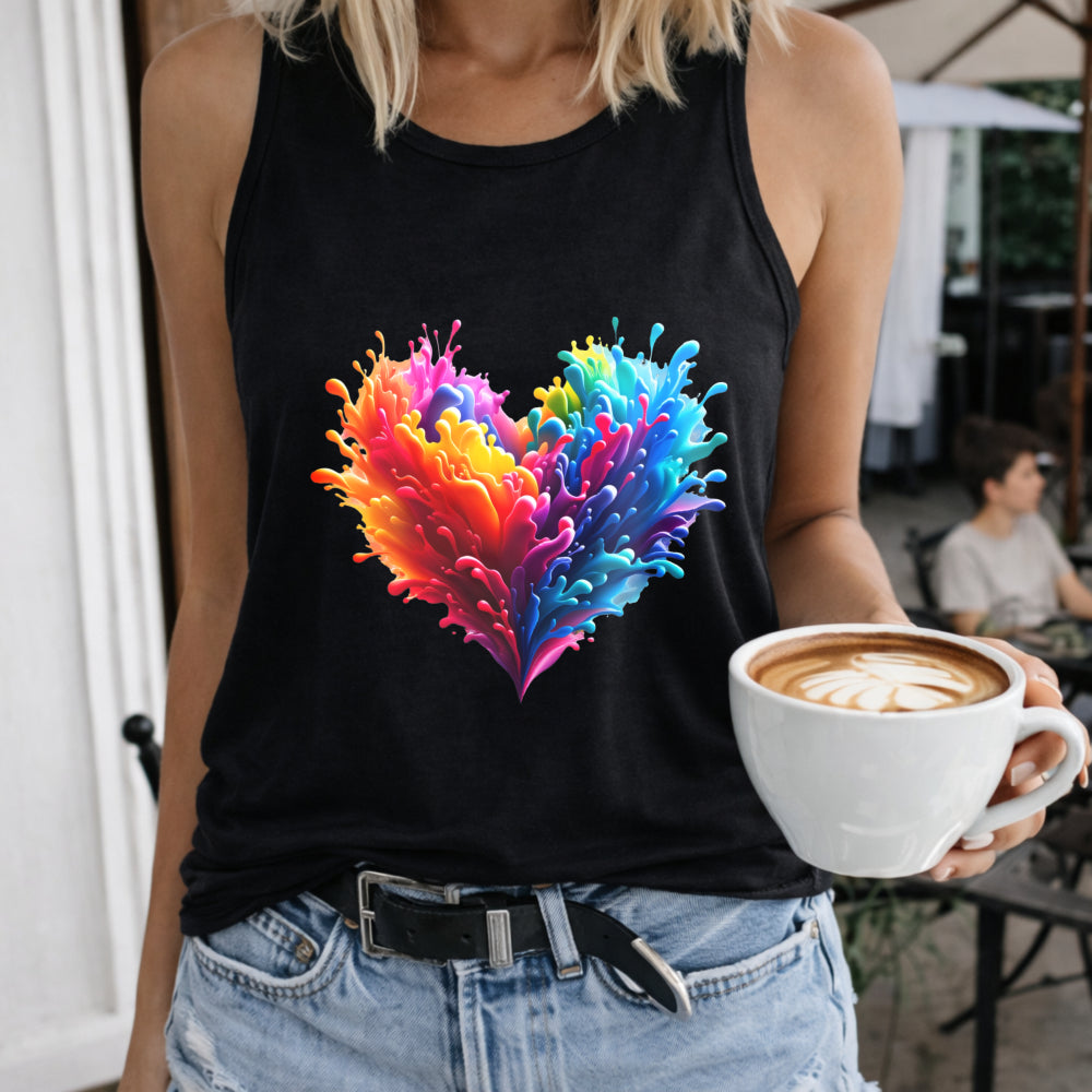 Colorful Heart Splash Crew-neck Sleeveless Vest Outdoor Women's Color Cotton Tank Top in Black