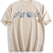 Seashells Embroidered Vintage Washed T-Shirt in Beige