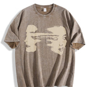 Abstract Face Shoulder Sleeve Thick Extra Large Distressed Vintage Washed T-Shirt in Brown