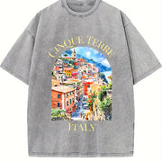 Cinque Terre Italy Vintage Washed T-Shirt in Gray