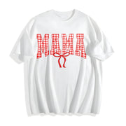 Mama Gingham Bow Cute Mom Cotton T-Shirt in White
