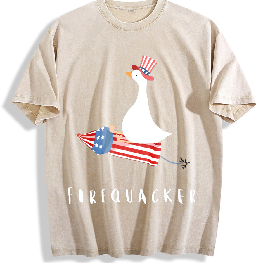 Fourth of July Firequacker Goose USA Patriotic vintage washed oversized T-shirt in Beige