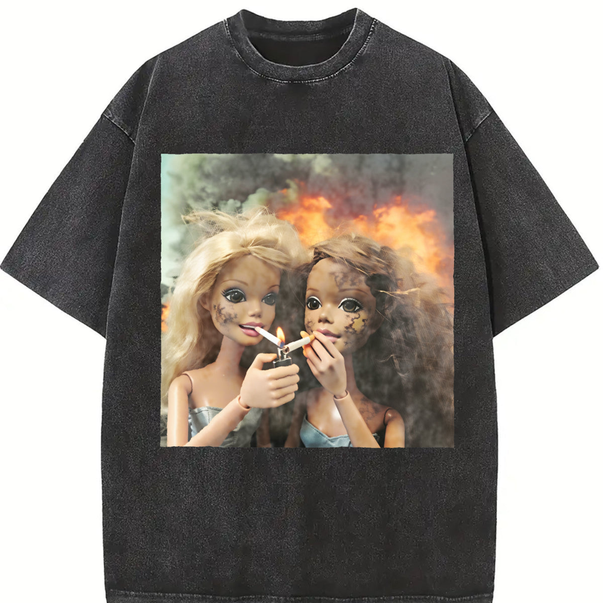 Two Glam Dolls Smoking Vintage Washed T-Shirt in Black