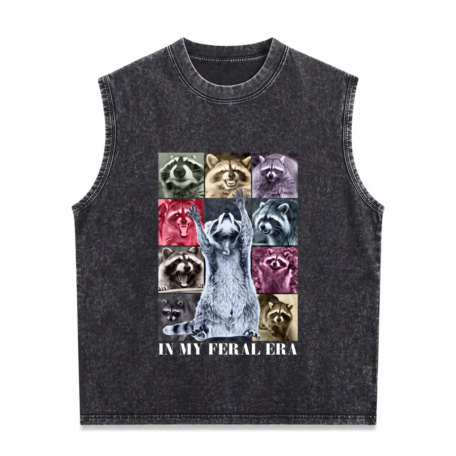 In My Feral Era Raccoon Animal Meme Racoons Team Trash Vintage Washed Tank Top in Black