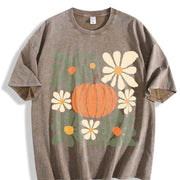 Retro Pumpkin Fall Floral Pumpkin Vintage Washed T-Shirt in Brown