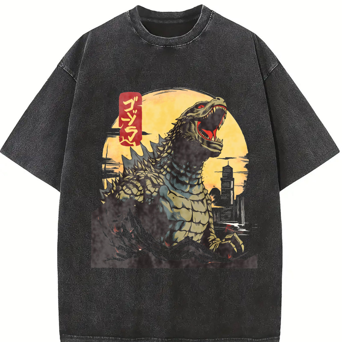 Godzillaed Japanese Monster Wave Classic O Neck Hip Hop vintage washed oversized T-shirt in Black