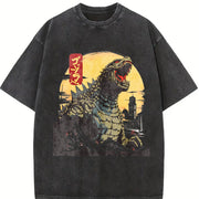 Godzillaed Japanese Monster Wave Classic O Neck Hip Hop vintage washed oversized T-shirt in Black