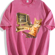 Office Cat Working at Computer Meme DTG Vintage Washed T-Shirt in Red