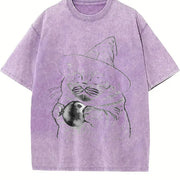 Witch Cat Retro Halftone Halloween Vintage Washed T-Shirt in Purple