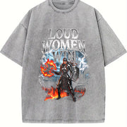Loud Win 90s Retro Gothic Feminist Warrior Dark Fantasy Vintage Washed T-Shirt in Gray