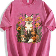 Autumn Fox and Falling Leaves Vintage Washed T-Shirt in Red