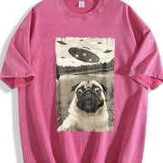 Pug UFO Encounters - UFO and Pug Selfie vintage washed oversized T-shirt in Red