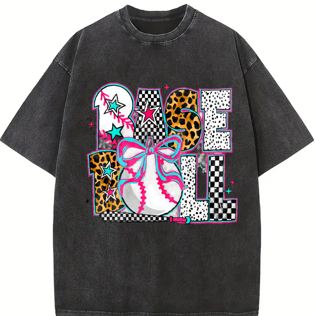Baseball Coquette Preppy Baseball Vintage Washed T-Shirt in Black