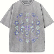 Gothic Garden Dark Academia Floral Skull Creepy Cute Vintage Washed T-Shirt in Gray