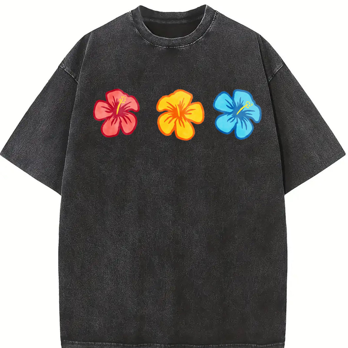 Embroidered Hibiscus Vintage Washed T-Shirt in Black