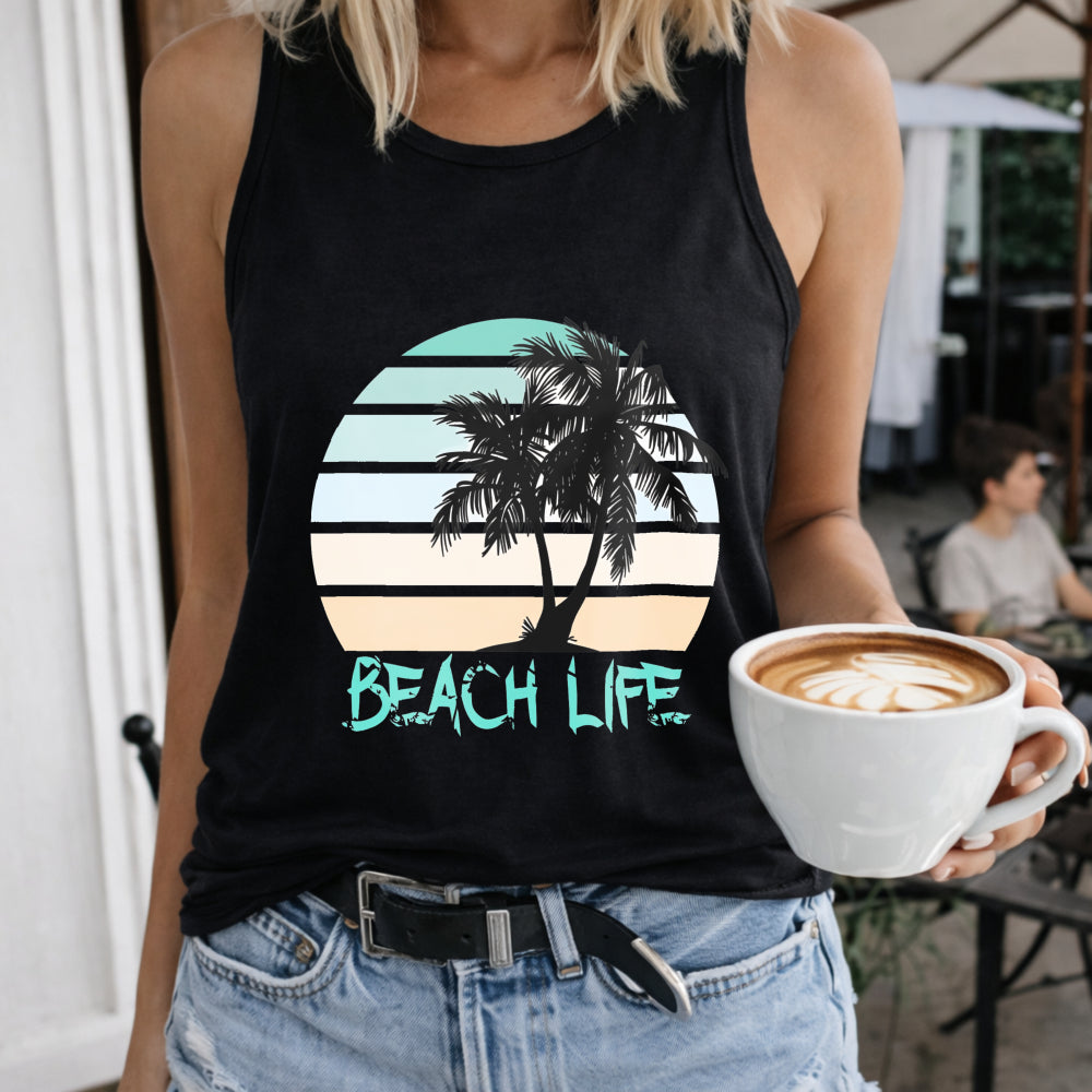 Beach Life Palm Tree Sunset Crew-neck Sleeveless Vest Women's Color Cotton Tank Top in Black