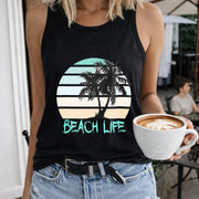 Beach Life Palm Tree Sunset Crew-neck Sleeveless Vest Women's Color Cotton Tank Top in Black