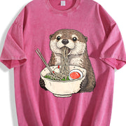Otter Ramen Retro Otter Eating Noodles Vintage Washed T-Shirt in Red
