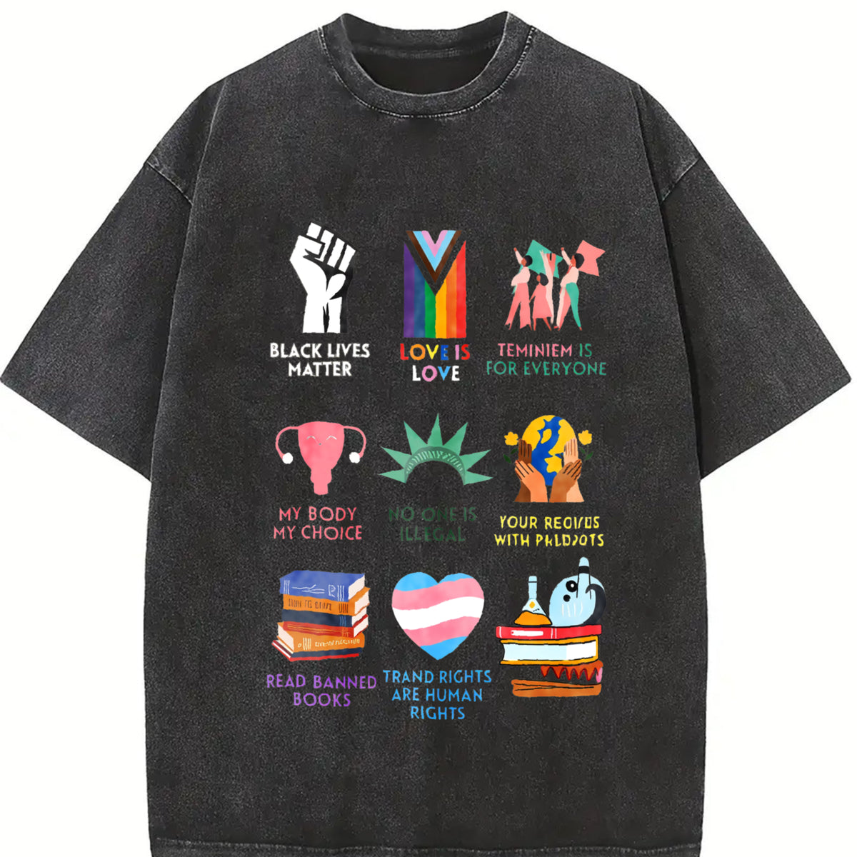Big Fan Of Human Rights Freedom S~5XL and Batik vintage washed oversized T-shirt in Black