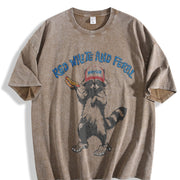 USA Red White Feral Racoon Hot dog Party America vintage washed oversized T-shirt in Brown