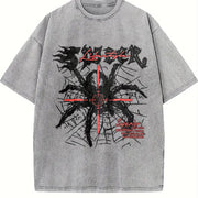 250gsm Retro Spider with Black & Red Gothic Vintage Washed T-Shirt in Gray