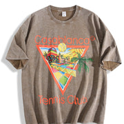 Tennis Club Tropical Art Vintage Washed T-Shirt in Brown