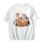 Halloween Kitten Cute Cat Pumpkin Cotton T-Shirt in White