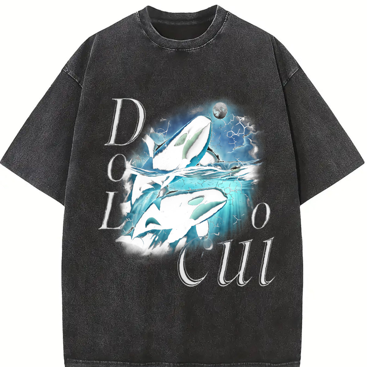 Two Orca Moon Ocean Mystical Orca Vintage Washed T-Shirt in Black