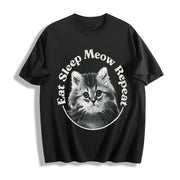 Eat Sleep Meow Repeat Cute Kitten Lovers for Ladies Cute Cotton T-Shirt in Black