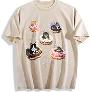 Cat Donut 90s Retro Cats in Space Vintage Washed T-Shirt in Beige