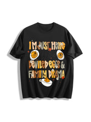 Preppy I'm Just Here for the Deviled Eggs & Family Drama Cotton T-Shirt in Black