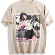 Japanese Reze Chainsaw Man Anime Beach vintage washed oversized T-shirt in Beige