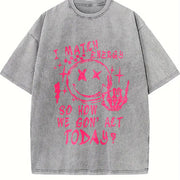 Smiling Skull and Crossbones with Pink Energy Slogan Vintage Washed T-Shirt in Gray