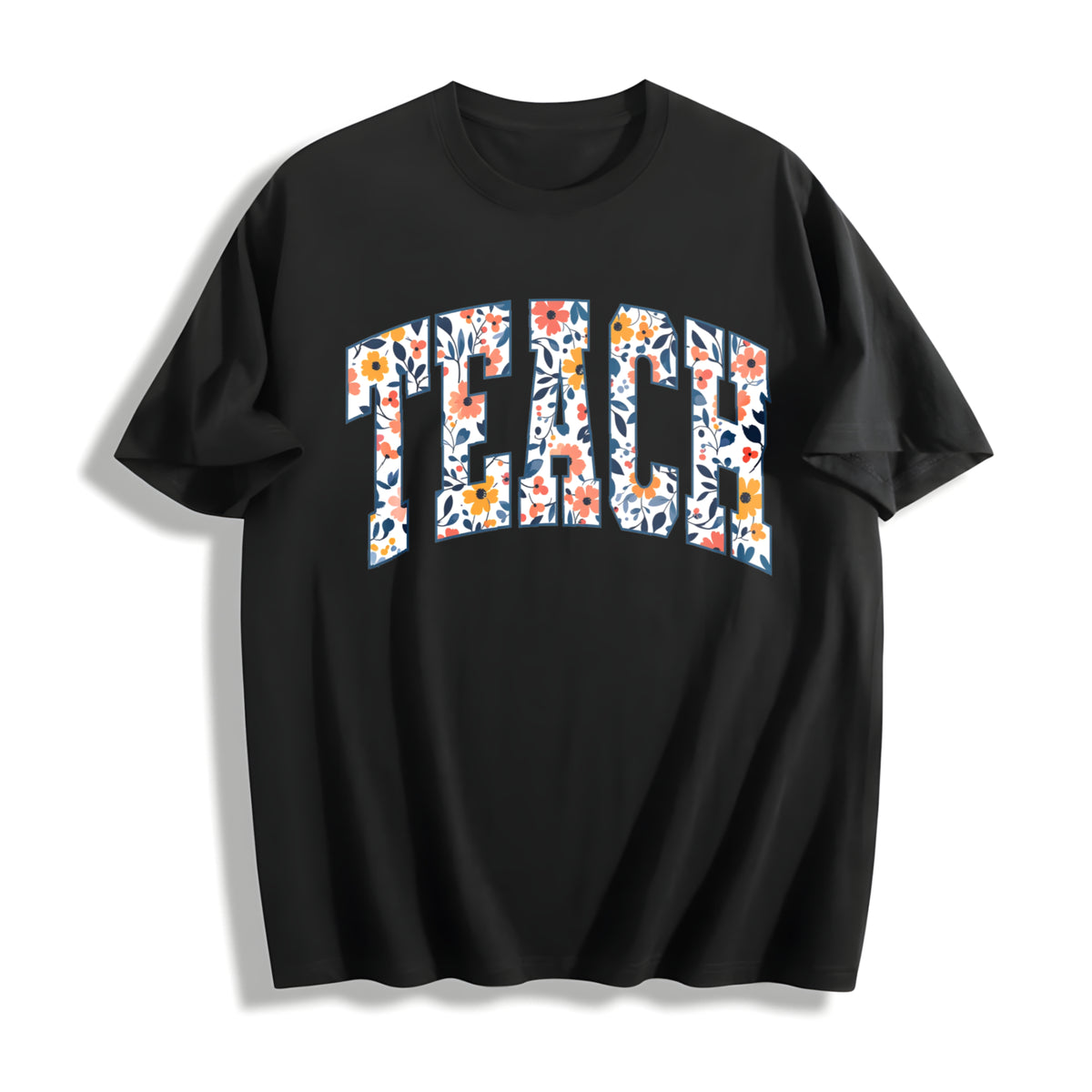 Floral Teach Teacher Cotton T-Shirt in Black