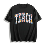 Floral Teach Teacher Cotton T-Shirt in Black