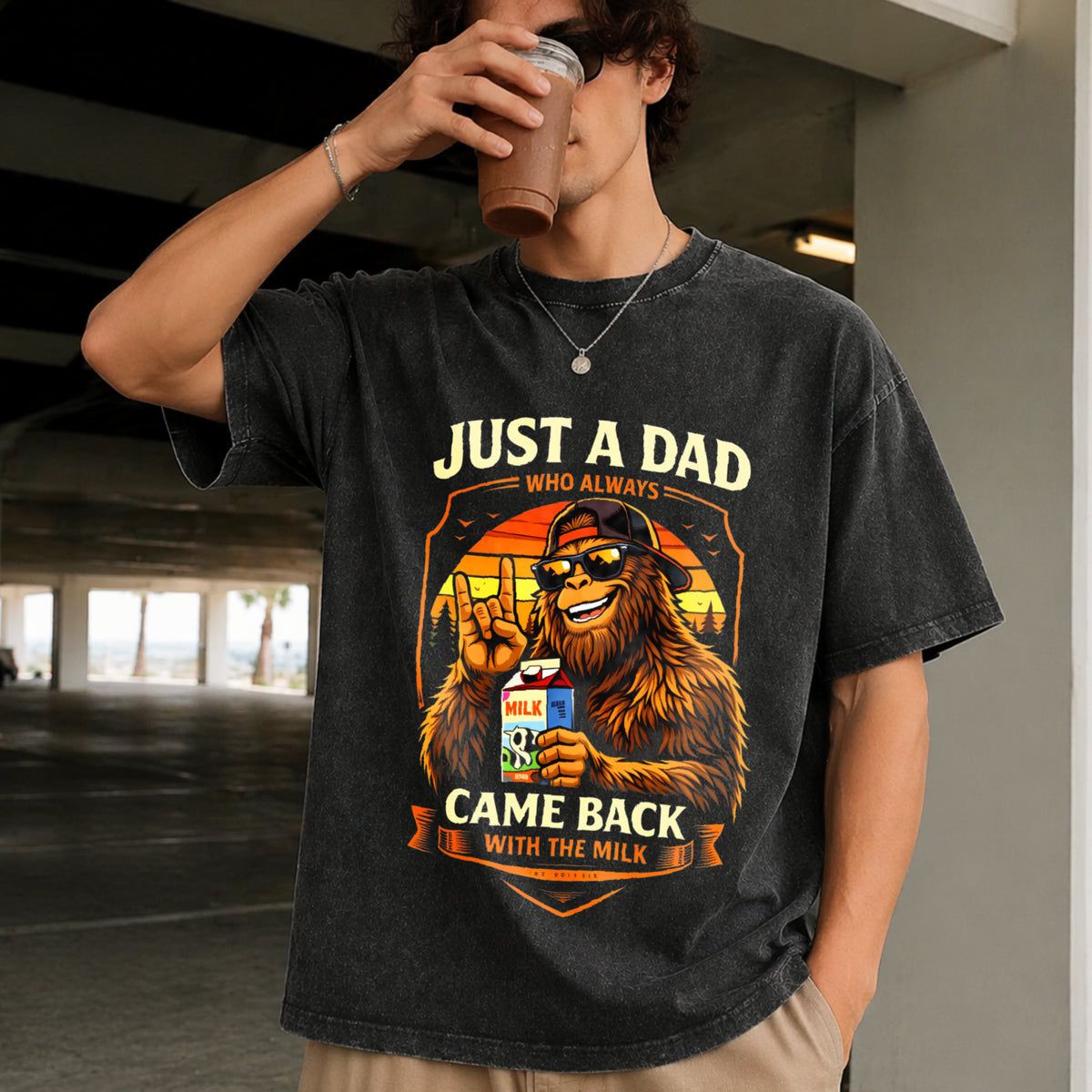 Fathers Day Just a Dad Who Came Back with Milk Vintage Washed T-Shirt in Black