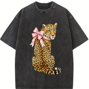 Pink Leopard with Bow Vintage Washed T-Shirt in Black