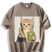 A Stylish Cat and Drink Vintage Washed T-Shirt in Brown