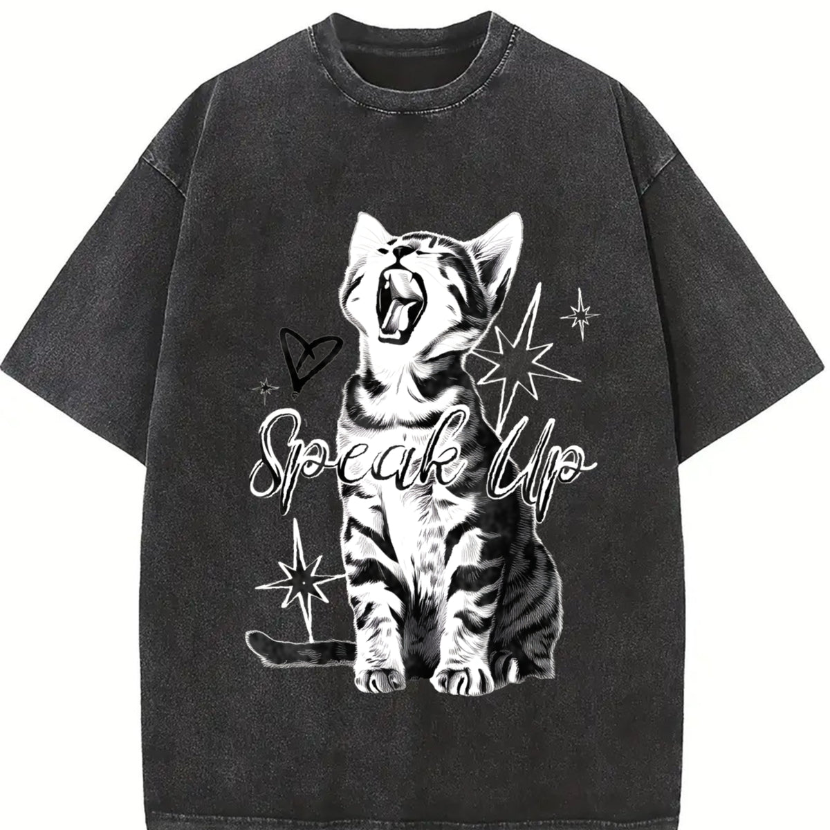 Retro- Loose-fitting with a Cute Cat and Snowflake Vintage Washed T-Shirt in Black