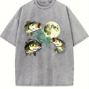 Bass Fishing Moon Retro Largemouth Fish Vintage Washed T-Shirt in Gray