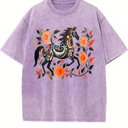 Bohemian Floral & Black Horse Vintage Washed T-Shirt in Purple