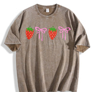 Strawberry Bow Embroidered Vintage Washed T-Shirt in Brown